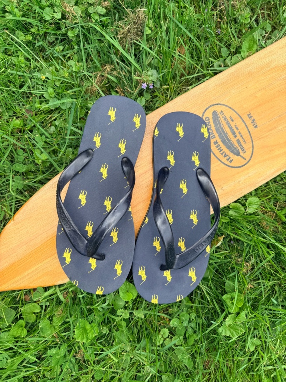 Ralph Lauren Sport Flip Flop Sandals with Yellow Pony Print